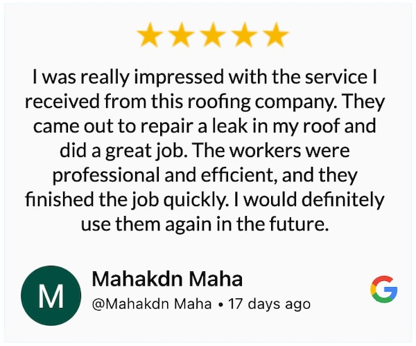 I was really impressed with the service I received from this roofing company. They came out to repair a leak in my roof and did a great job. The workers were professional and efficient, and they finished the job quickly. I would definitely use them again in the future.